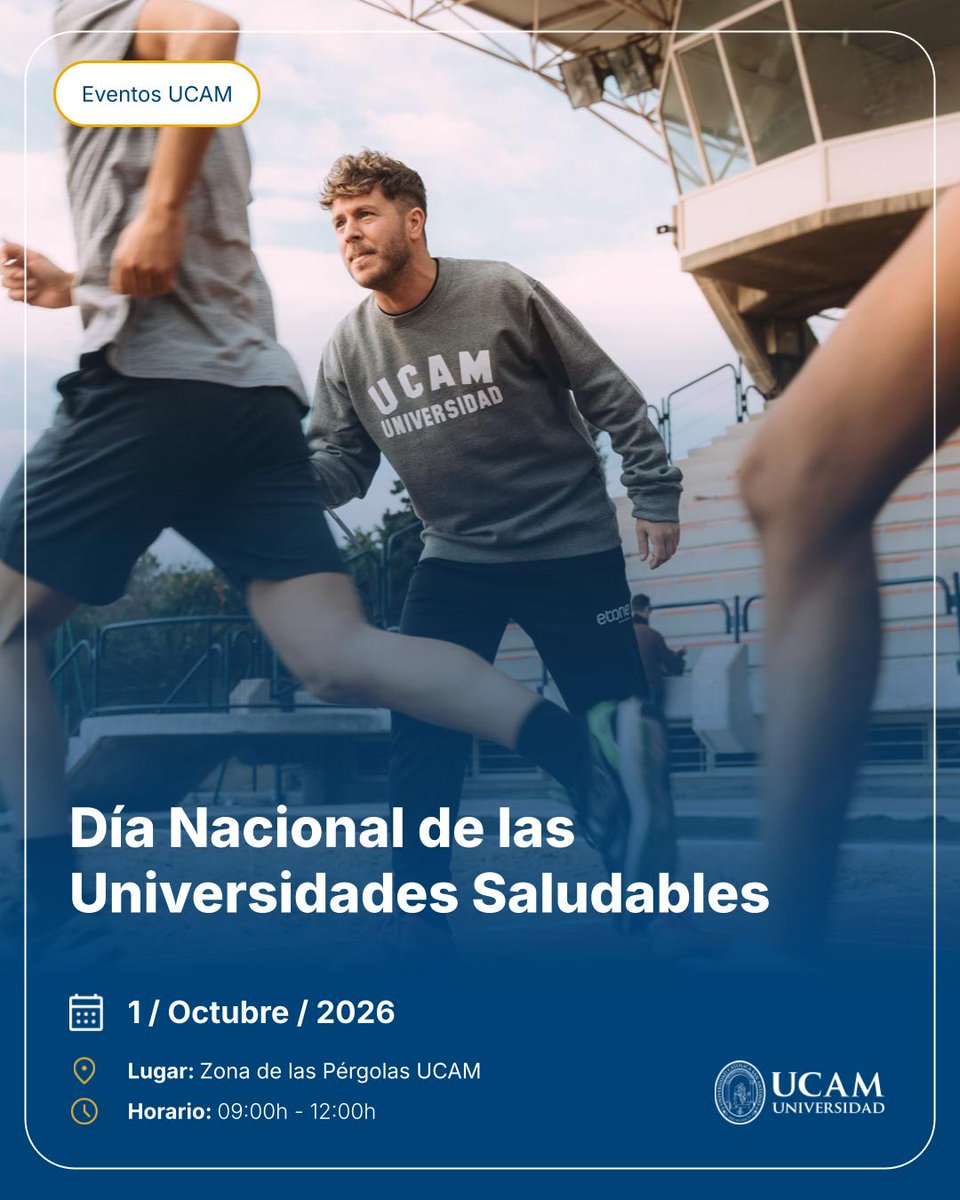 UCAM's tweet photo. 📢 La UCAM celebra el Día Nacional de las Universidades Saludables con una jornada abierta a toda la comunidad universitaria para fomentar la prevención, el autocuidado y los hábitos de vida saludables.

📅 Jueves 1 de octubre | 📍 Zona de pérgolas

🩸 Desde las 9:00 h: hemodonación.

✅ De 10:00 a 12:00 h: taller de RCP, higiene postural, educación nutricional y sueño saludable, valoración de la fuerza y Botiquín Saludable.

https://t.co/DnGwJ125cO