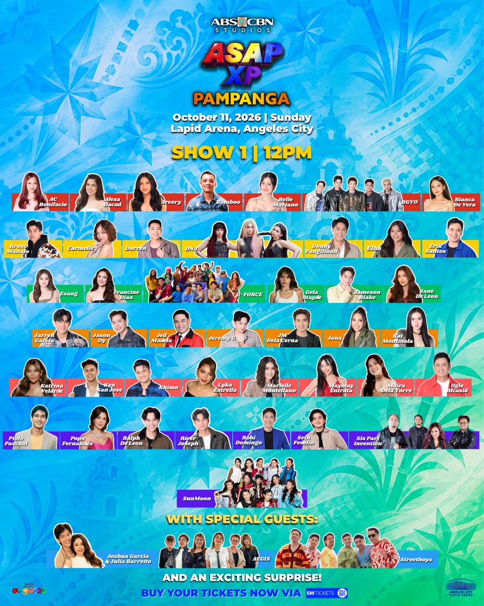 ASAPOfficial's tweet photo. 40+ Artists! 🤩
2 Shows! 🫶
1 Concert Day! 🙌

Angeles! Pampanga! Central Luzon! Sadya na kayu? 🥳

Heto na ang official ASAP XP Pampanga Artist Lineup! Get ready to party with your favorite concert artists! All roads lead to the Lapid Arena, Angeles City on October 11, Sunday! ✨

Head over to SM Tickets and be part of the biggest and brightest concert event!

https://t.co/dQUSYvCI9Q

#ASAPXP #ASAPXPPampanga