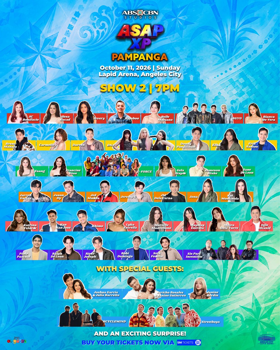 ASAPOfficial's tweet photo. 40+ Artists! 🤩
2 Shows! 🫶
1 Concert Day! 🙌

Angeles! Pampanga! Central Luzon! Sadya na kayu? 🥳

Heto na ang official ASAP XP Pampanga Artist Lineup! Get ready to party with your favorite concert artists! All roads lead to the Lapid Arena, Angeles City on October 11, Sunday! ✨

Head over to SM Tickets and be part of the biggest and brightest concert event!

https://t.co/dQUSYvCI9Q

#ASAPXP #ASAPXPPampanga