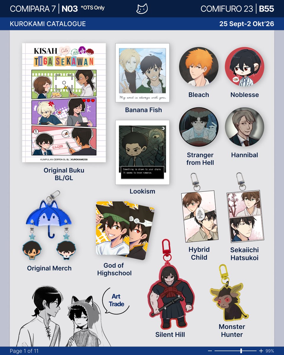 Kurokami258's tweet photo. [❤️🔁]
PO #comifuro23 OTS #Comipara7

📒 Original BL GL, BanFish, Bleach, Sekaiichi, Stranger from Hell, Hannibal, Noblesse, God of Highschool, Lookism, Monster Hunter, Silent Hill, Art Trade

📌Pick Up &amp; Mail Order
📅25 Sep-2 Okt
🔗👇

#comipara7catalogue #cf23catalogue
(1/3) https://t.co/lPcG8cvYI2