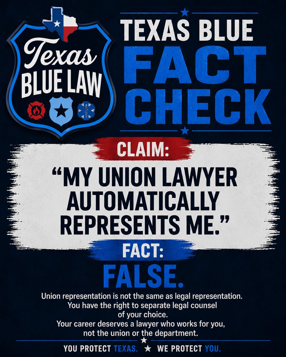 texasbluelaw's tweet photo. 🚨 TEXAS BLUE FRIDAY FACT CHECK
“My union lawyer automatically represents me.”
❌ FALSE.
#TexasBlueLaw #TexasPolice #TexasLawEnforcement #OfficerRights #PoliceUnion #InternalAffairs #PoliceOfficers #LawEnforcement #LEO #TexasCops https://t.co/RueCg1x28T