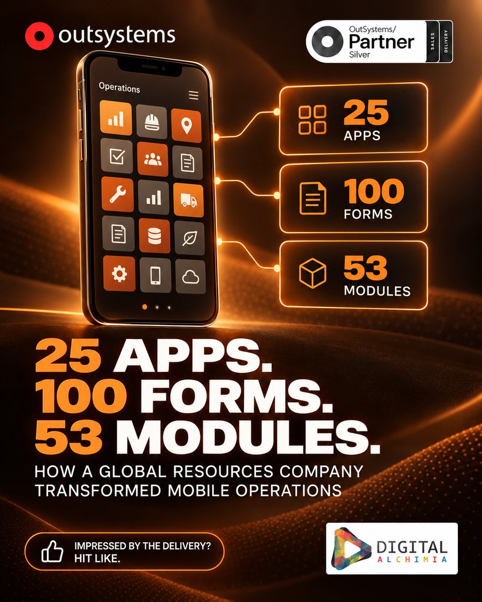 DAlchimia's tweet photo. A global resources company delivered 25 apps, 100 forms, and 53 modules with OutSystems while boosting productivity 30%. #OutSystems https://t.co/jFPFK9ZCBa
