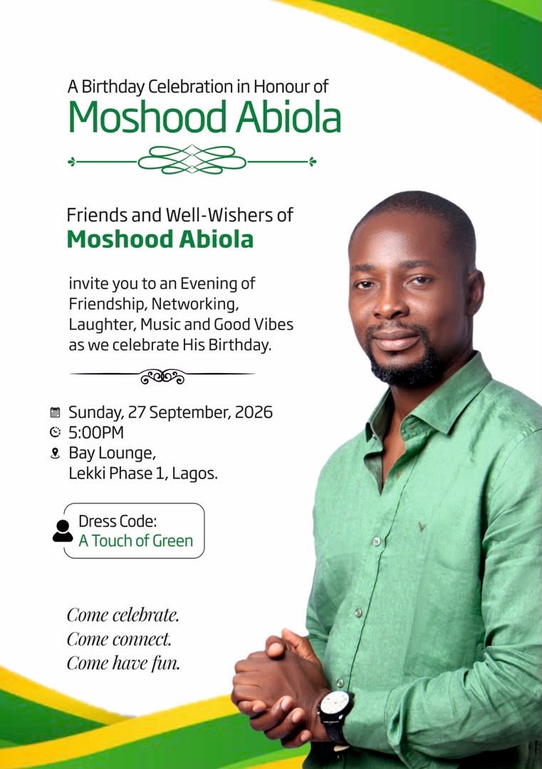 AA_Moshood's tweet photo. Happy birthday once again to our brother, friend and guy, Moshood Abiola. 🎉

We’re celebrating you the only way we know how: good food, music, vibes and a night to remember.

I urge all NBA Lagos lawyers to come celebrate with us this Sunday. 💚

Details in the flier attached. https://t.co/RTOgOnPIJ8