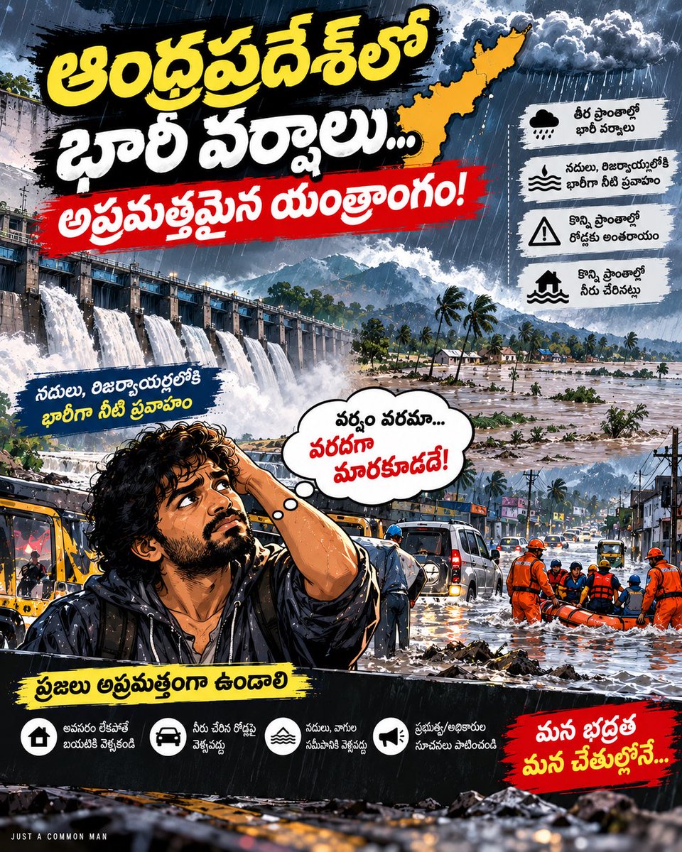 urzBoomeR's tweet photo. 🌧️ ఆంధ్రప్రదేశ్‌లో భారీ వర్షాలు… అప్రమత్తమైన యంత్రాంగం!

నదులు, రిజర్వాయర్లలోకి భారీగా నీటి ప్రవాహం… కొన్ని ప్రాంతాల్లో రోడ్లు, లోతట్టు ప్రాంతాలు ప్రభావితం. https://t.co/fTtBEahgoB