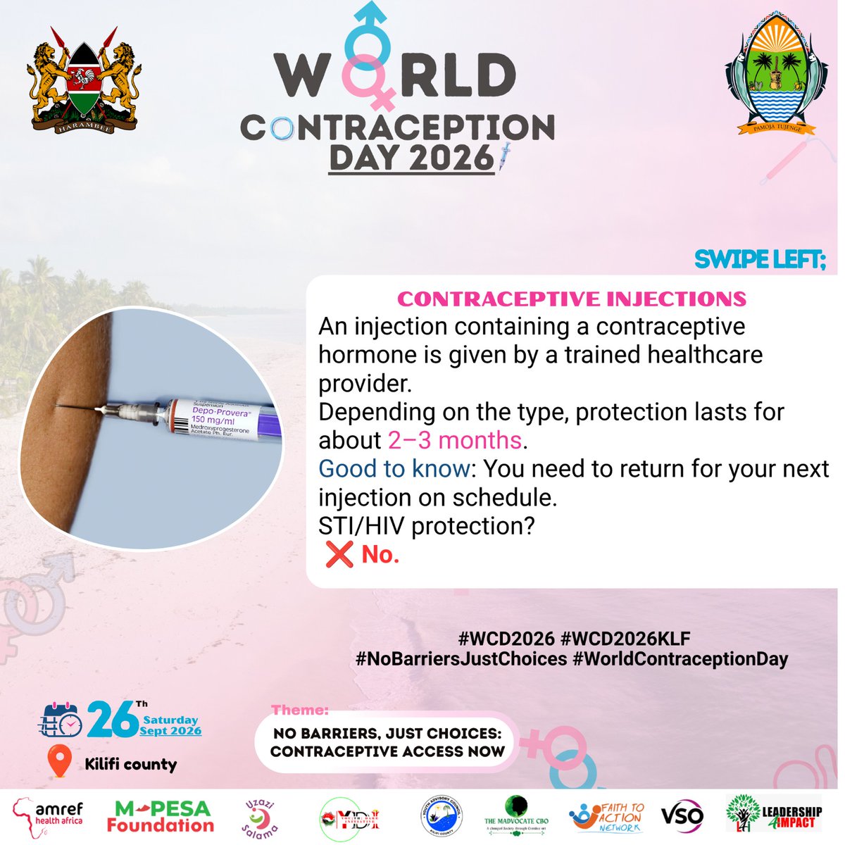 MghendiP's tweet photo. The contraceptive injection is a method that can prevent pregnancy for a period of time. Ask a health provider about how it works, timing & possible preferences.
@DOHKilifi @Amref_Kenya @Youth_Dare @MadvocateCbo
#WCD2026 #WCD2026KLF #NoBarriersJustChoices #ContraceptiveAccessNow https://t.co/C2HV77BCeX