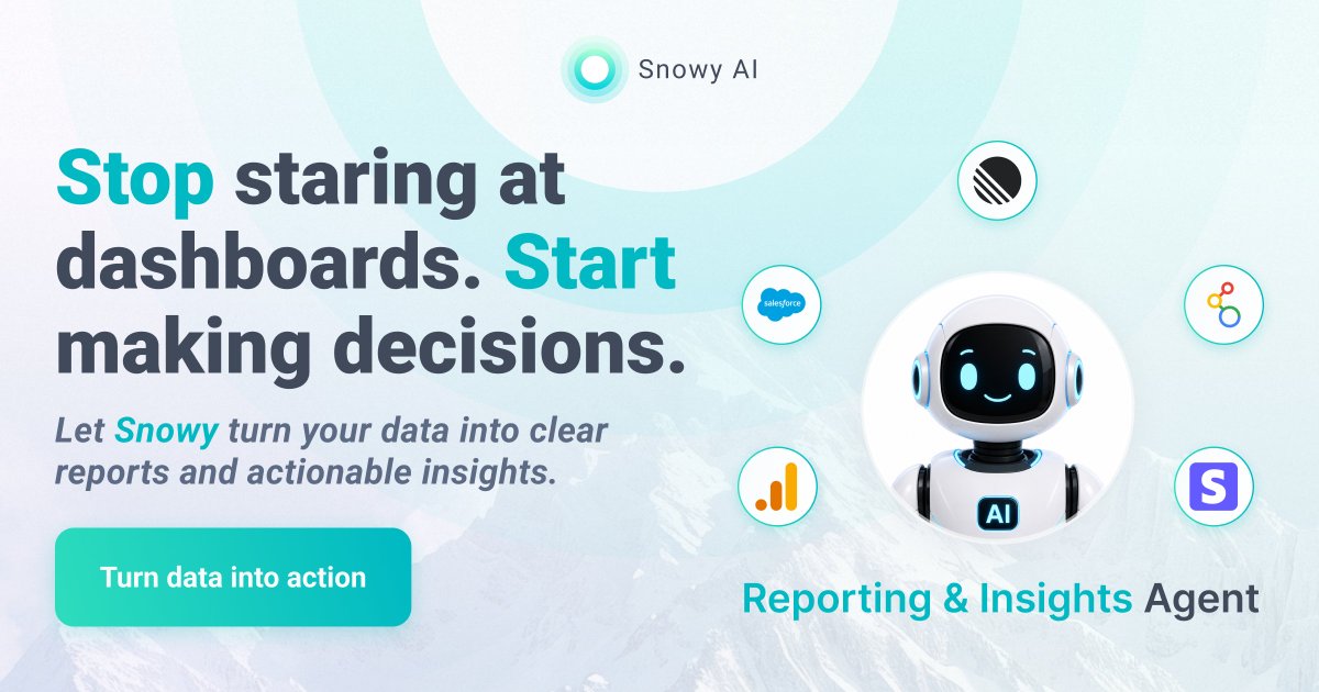 snowball_money's tweet photo. Stop staring at dashboards. Start making decisions.

Snowy's Reporting & Insights Agent runs the whole reporting loop:
→ Pulls metrics, project progress, pipeline changes, and activity from every connected tool into one place
→ Builds the dashboards you actually track — by metric, team, or project — and keeps them current
→ Compares periods and tells you what changed: what moved, what didn't, and which number is the real problem
→ Turns all of it into a short report with results, risks, blockers, and next actions
→ Refreshes the dashboards and delivers the report on your schedule, to Slack or Notion, without being asked. You read one page instead of six tabs.

Build your Reporting & Insights Agent today: https://t.co/H8827d7Nee