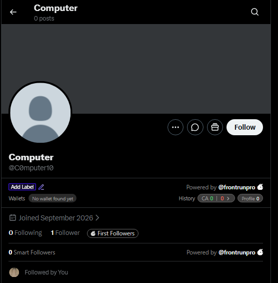 A profile page for a user named 'Computer' with the handle @c0mputer10, showing 0 posts, 0 Following, 1 Follower, joined September 2026, powered by @frontrunpro.