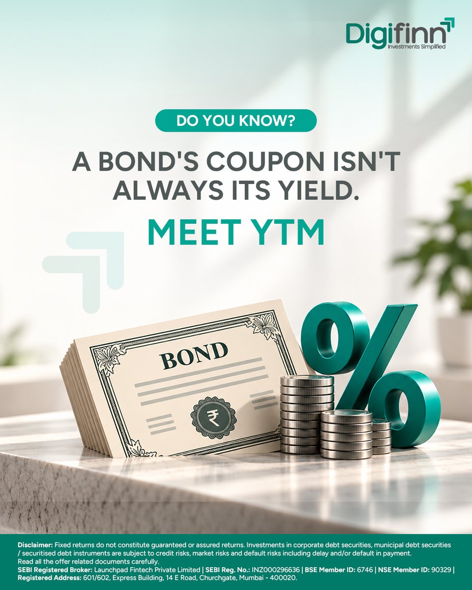 digifinn's tweet photo. A bond’s coupon tells you one thing. Its yield tells you more!                 
Meet Yield to Maturity (YTM) — a key concept that helps you understand a bond’s potential annualized return if held until maturity, based on its price and expected payments.

#YTM #BondBasics https://t.co/wGbMJaIXgP