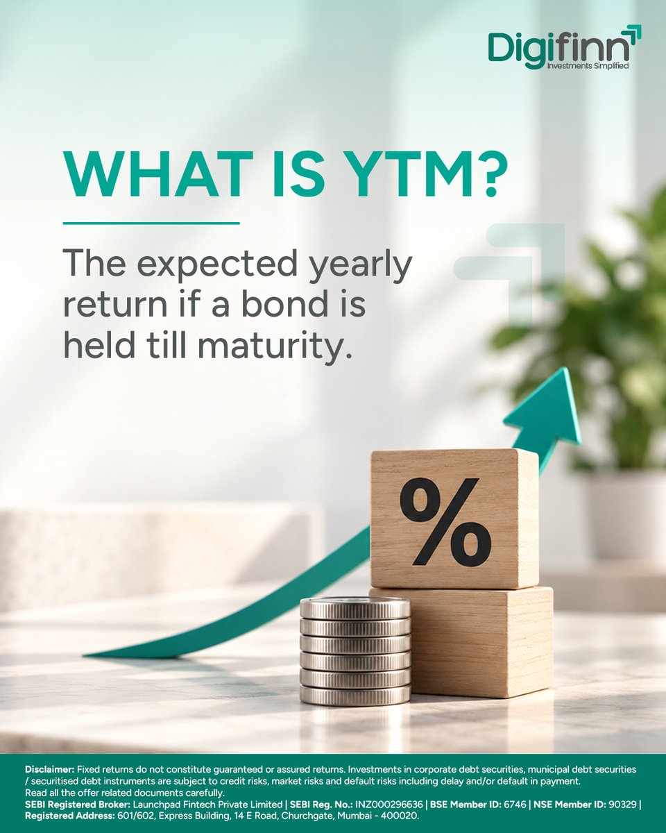 digifinn's tweet photo. A bond’s coupon tells you one thing. Its yield tells you more!                 
Meet Yield to Maturity (YTM) — a key concept that helps you understand a bond’s potential annualized return if held until maturity, based on its price and expected payments.

#YTM #BondBasics https://t.co/wGbMJaIXgP