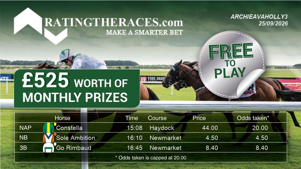 ALawler28610's tweet photo. My three for Friday's free NAP comp:

NAP: Constella 15:08 @HaydockRaces
NB: Sole Ambition 16:10 @NewmarketRace
3B: Go Rimbaud 16:45 @NewmarketRace

Free to enter, daily prizes. Pick your three at @RatingTheRaces

#RTRNaps #HorseRacing https://t.co/Q0ROXDkJOQ