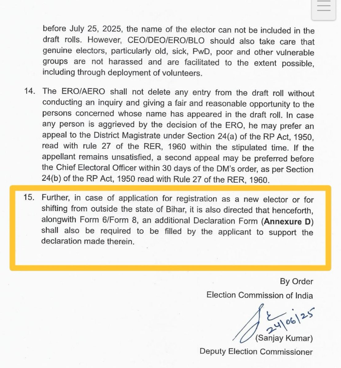 Mrsinha's tweet photo. The Chief Election Commissioner and both Election Commissioners unanimously approved the SIR Orders for Bihar, the Special Revision Orders for Assam, as well as the SIR Orders for 12 States/UTs and subsequently for 19 States/UTs.

The approved SIR Orders also provide for a Declaration Form to be submitted along with Form 6 by new voters seeking enrolment. This has been introduced to simplify the process, reduce paperwork and make enrolment more convenient for citizens.

These provisions are in accordance with Section 21(3) of the Representation of the People Act, 1950, and have also been upheld by the Supreme Court.