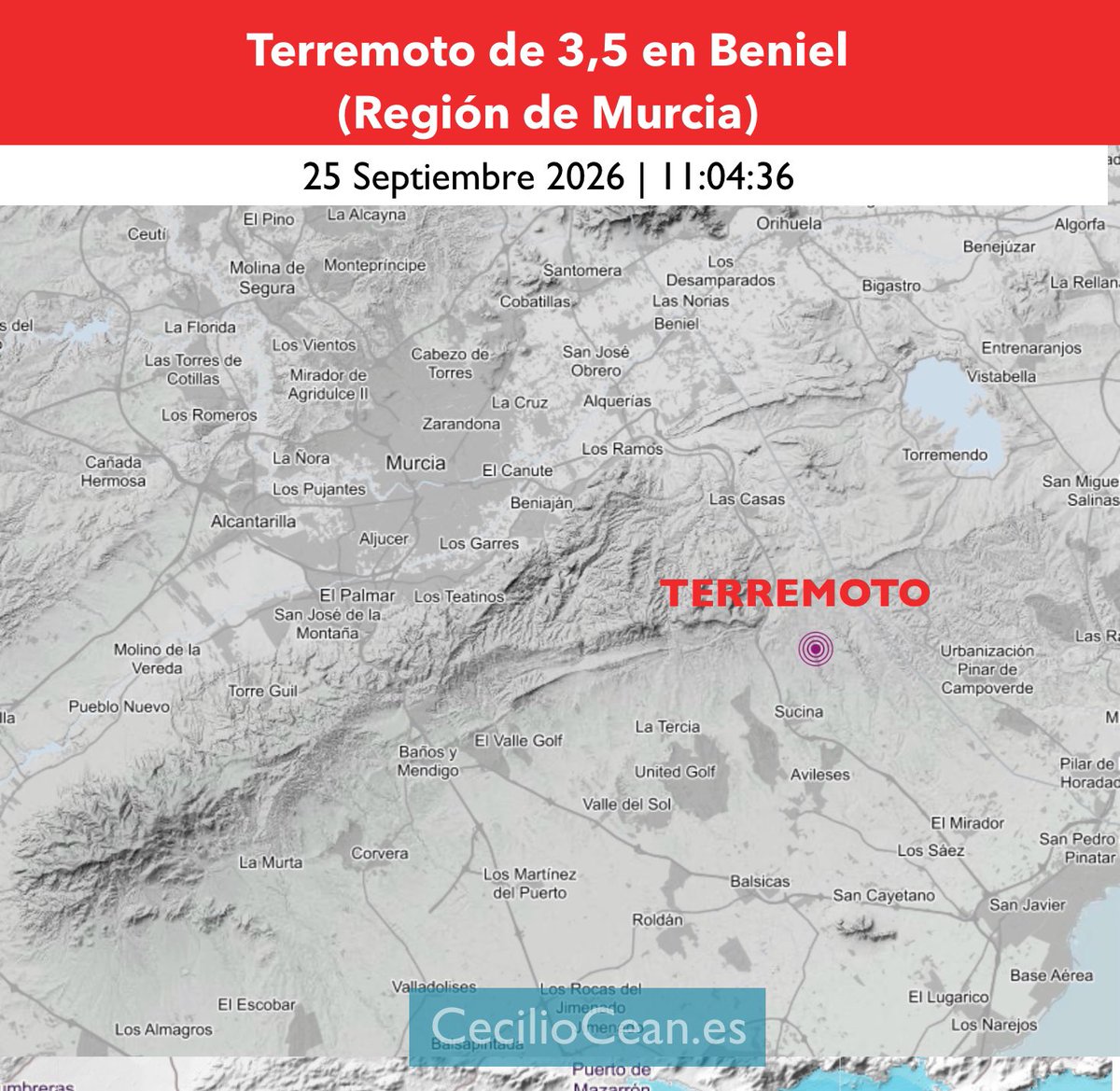 CecilioCean's tweet photo. Actualización: el Instituto Geográfico Nacional ha corregido el lugar del epicentro situándolo en el municipio de Beniel, en un primer momento lo situó en San Javier. https://t.co/njCv89uoRT