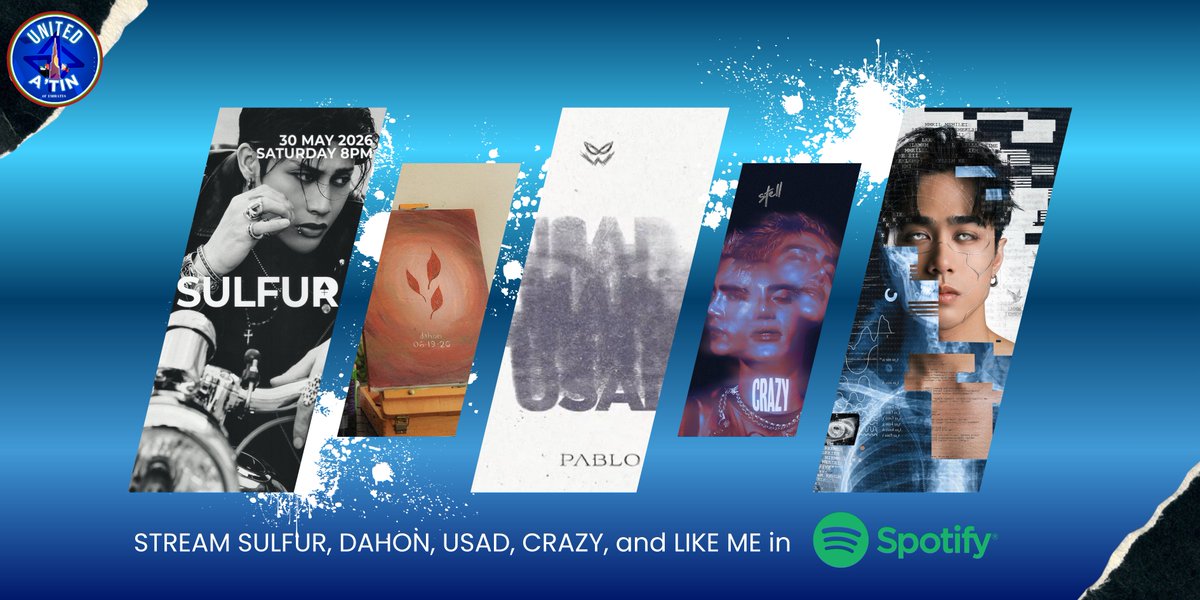 United_ATIN_'s tweet photo. Finally 5/5! 🔥
Felip, Justin, Pablo, Stell, and Josh!
What an incredible lineup of solo releases this year! Each track is a masterpiece, and we couldn’t be prouder of you all.💙🥹 

Stream SULFUR, DAHON, USAD, CRAZY, and LIKE ME on Spotify! 🎧
@SB19Official #SB19 https://t.co/e12ocldeV7