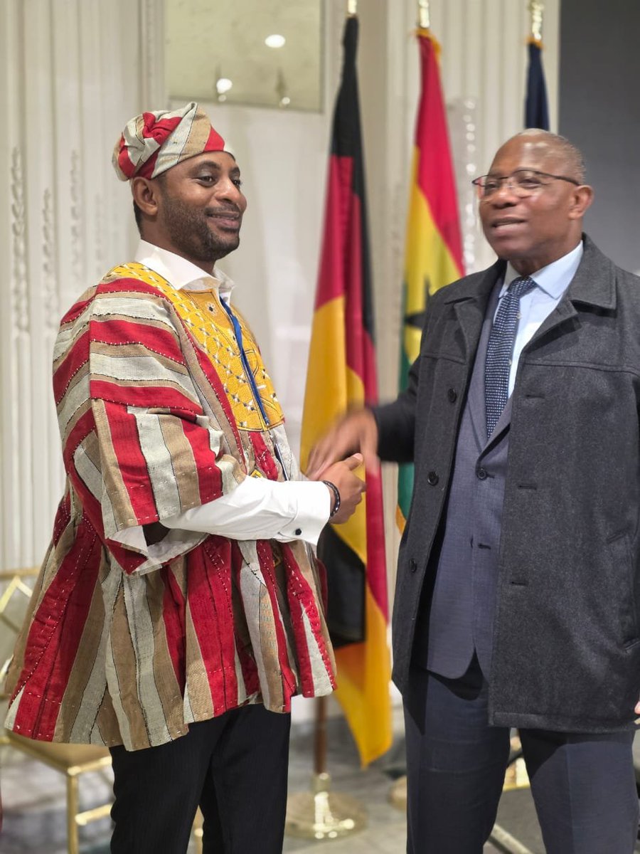 DohaGhana's tweet photo. 🇬🇭 A Moment of Connection and Ghanaian Pride

A beautiful moment of camaraderie and Ghanaian pride as our Deputy Head of Mission, Mr. Abdulwahab Ali Wadey, shares a warm exchange with Deputy Head of Mission of USA, Mr. Ben Dotsei Malor, during a recent engagement.

From diplomacy to culture, moments like these reflect the spirit of service, fellowship and pride that continues to define Ghana’s diplomatic representation. 🇬🇭🤝🏾

#GhanaEmbassy #GhanaUSA #GhanaianExcellence #Diplomacy #GhanaianCulture #GhanaianPride