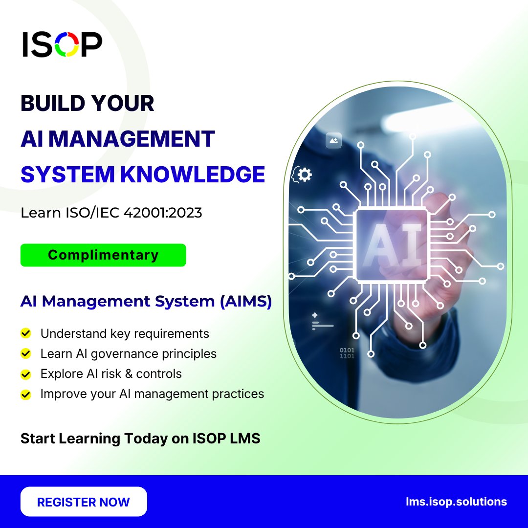 isop_solutions's tweet photo. Build practical knowledge of ISO/IEC 42001:2023.
Register now https://t.co/BDIm6CC7yZ
#ISO42001 #AIMS #AIManagement #AIGovernance #ResponsibleAI #ArtificialIntelligence #ISOTraining #AICompliance #ISOP https://t.co/Jhh3zogXGn