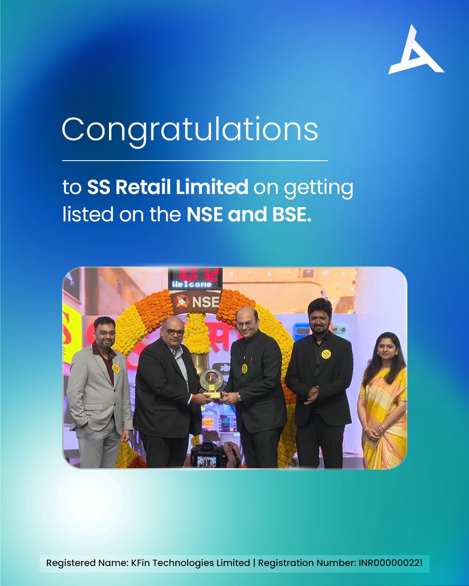 weKFintech's tweet photo. We are pleased to share that SS Retail Limited has successfully listed on the @NSEIndia and @BSEIndia with an issue size of โน500 crore. The IPO was oversubscribed 107.41 times overall, with each investor category also oversubscribed.
#KFintech #ExperienceTransformation https://t.co/AedYiZVRc9