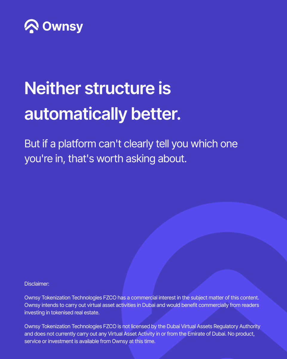 Ownsyofficial's tweet photo. 2/2 Tokenised" and "crowdfunded" real estate get used interchangeably online. They shouldn't be.
Swipe through for the actual structural difference https://t.co/fx8ZPTUX2U