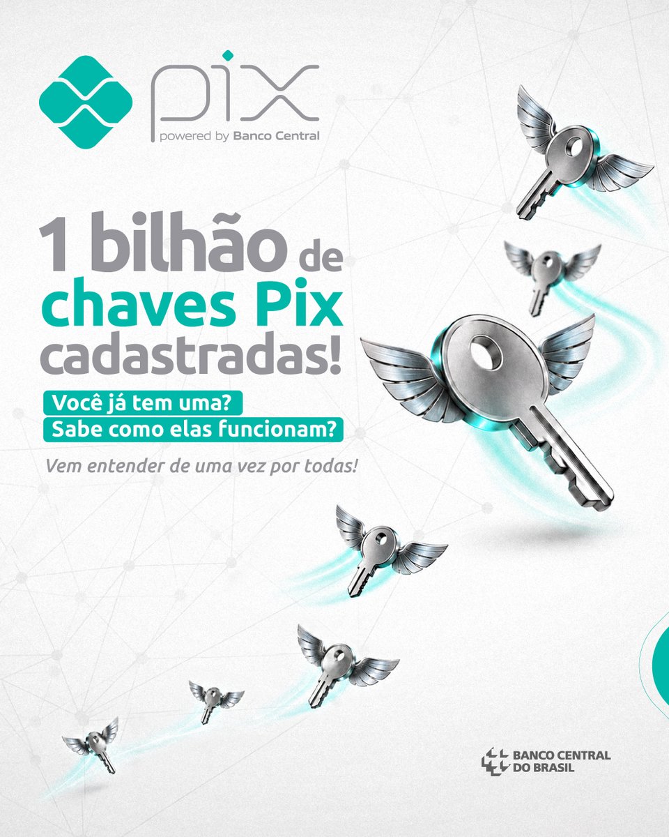 BancoCentralBR's tweet photo. O Pix alcança a marca de 1 bilhão de chaves cadastradas. 🎉
As chaves Pix facilitam o envio e o recebimento de dinheiro. E você consegue gerenciá-las diretamente no aplicativo da sua instituição financeira.
👇 Entenda como elas funcionam!
#Pix #BancoCentral #SistemaFinanceiro #EducaçãoFinanceira