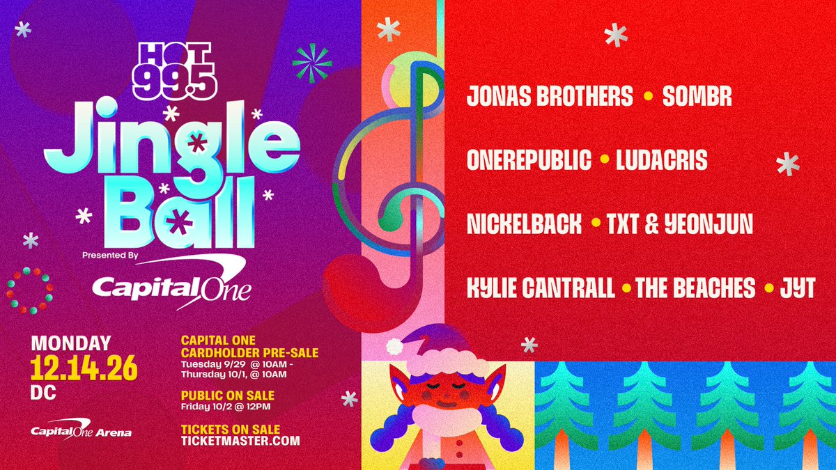 CapitalOneArena's tweet photo. ❄️ It's the most wonderful time of the year... JINGLE BALL IS HERE❄️ iHeart Radio's Hot 99.5 Jingle Ball is BACK at Capital One Arena on Monday, December 14. This year's lineup features the Jonas Brothers, SOMBR, OneRepublic, Ludacris, Nickelback, TXT & YEONJUN, Kylie Cantrall, The Beaches, and JYT!

Tickets on sale Friday 10/2 at 12pm