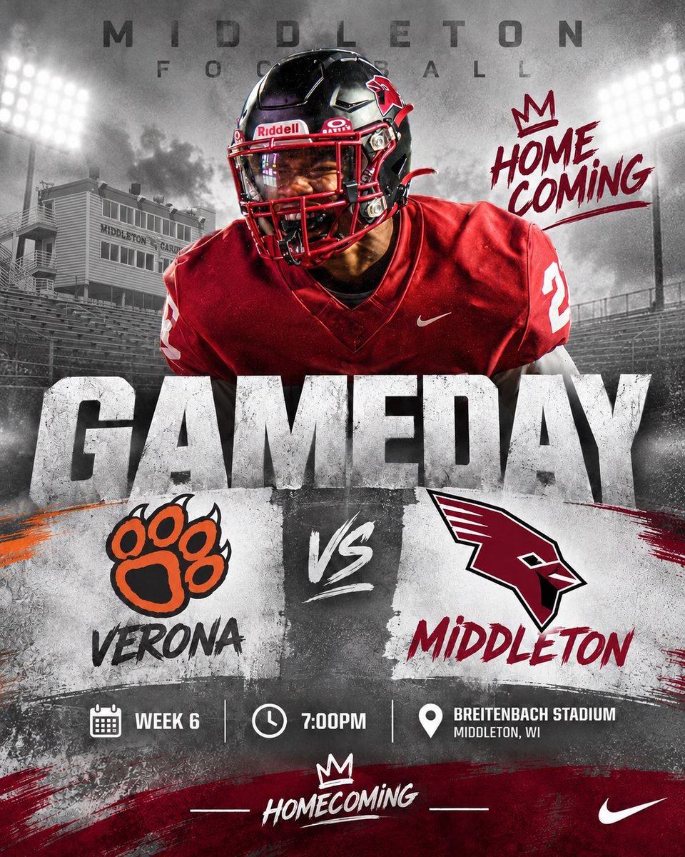 middletonhsfb's tweet photo. 🏈 GAMEDAY — HOMECOMING 🏈

Middleton and Verona both enter tonight undefeated in Big Eight Conference play, setting the stage for a huge Week 6 showdown.

📍 Breitenbach Stadium
 ⏰ 7:00 PM
🎟️https://t.co/eyJrS7JYwJ
🎥https://t.co/2CZmqFgMKz

#GoCards #MiddletonFootball https://t.co/QXYGueCgKJ