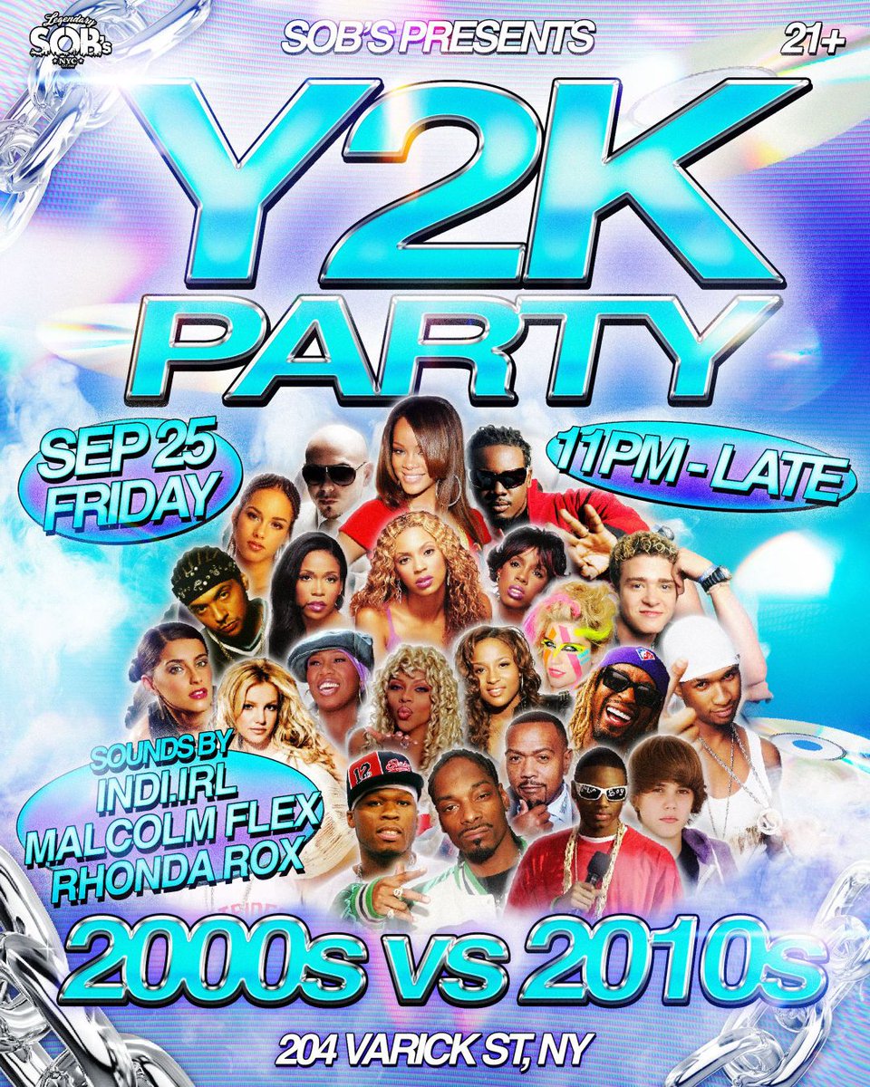 baragendanyc's tweet photo. Tonight at 11:00 PM @sobs
Y2K party back for a 2000s vs. 2010s edition, pitting two eras of hip-hop, R&B, pop, dancehall, reggaeton, EDM, crunk, and NYC club anthems against each other. DJs indi.irl, Rhonda Rox, and @1malcolmflex
#NYCHipHop #NYCEvents #BarAgendaNYC https://t.co/4PnntjT8UC