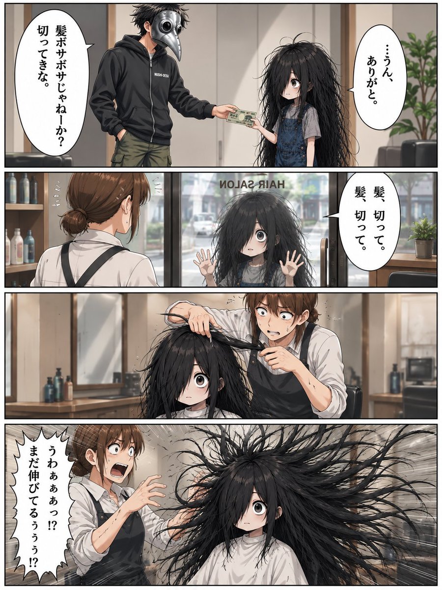 echoandwakaba's tweet photo. #AI私のオリキャラを見て
３キャラ目。

キャラ名∶イギョー(被験体005-E)
性別∶男の子
年齢∶８歳？(実年齢は約30歳)
身長∶120cm
その他∶ある研究施設から脱出した被験体。表情に乏しくあまり喋らないが、無邪気な面あり。髪を自由自在に伸ばせる特殊能力持ち。

#イギョーくんが見てる https://t.co/LW0P1gckMl