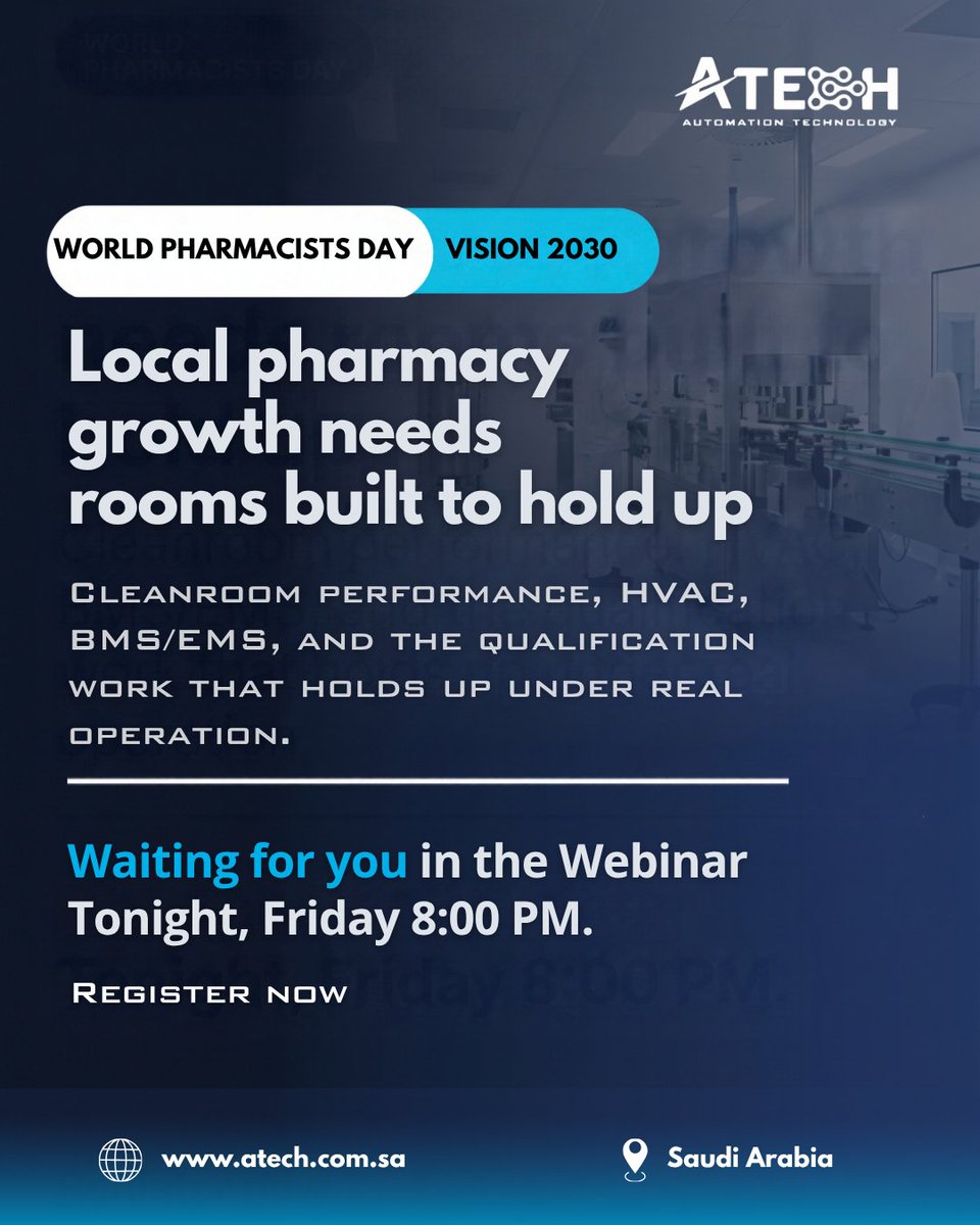 atech_saudi's tweet photo. Every step toward local drug manufacturing in the Kingdom depends on environments that actually hold up under real operation.
مع توسع السعودية بالتصنيع الدوائي المحلي ضمن رؤية 2030، المنشآت وراء هذا النمو لازم تأدي فعليًا، مو بس تنجح على الورق.
#ATECH #Cleanroom #SaudiArabia https://t.co/MfA7DyNxaW