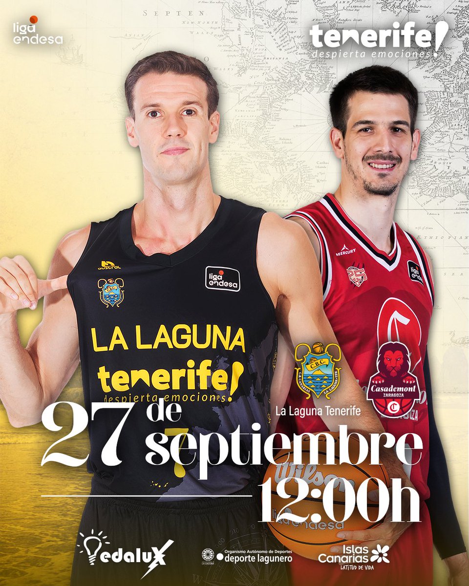 CB1939Canarias's tweet photo. 🏀 ¡MAÑANA JUGAMOS!
🆚 @CasademontBZ
⚔️ J1 | #LigaEndesa
🏟 Santiago Martín
🕢 12:00 h.c.
🎟️ Entradas ➡️ https://t.co/WGl9Cok9fX
📺 @DAZN_ES | @MovistarPlus | @OrangeTV_es | @aragontv
🤝 #Edalux https://t.co/PgkdorVvuj