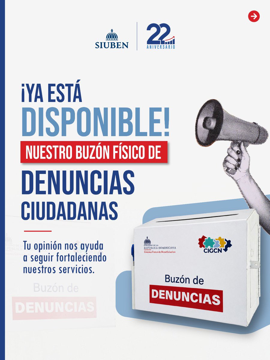 SiubenRD's tweet photo. En el SIUBEN habilitamos nuestro Buzón Físico de Denuncias Ciudadanas 📬, un canal dispuesto para que puedas compartir tus inquietudes , presentar sugerencias  o alertar sobre posibles irregularidades.

#SIUBENRD #Transparencia #DominicanaSinCorrupción #CIGCN https://t.co/poB5IgHmFm