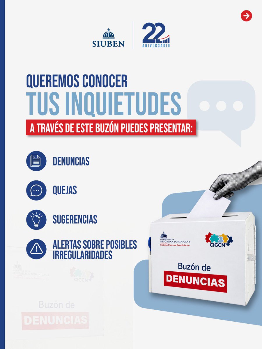 SiubenRD's tweet photo. En el SIUBEN habilitamos nuestro Buzón Físico de Denuncias Ciudadanas 📬, un canal dispuesto para que puedas compartir tus inquietudes , presentar sugerencias  o alertar sobre posibles irregularidades.

#SIUBENRD #Transparencia #DominicanaSinCorrupción #CIGCN https://t.co/poB5IgHmFm