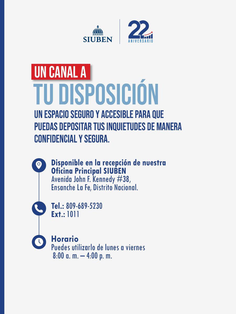 SiubenRD's tweet photo. En el SIUBEN habilitamos nuestro Buzón Físico de Denuncias Ciudadanas 📬, un canal dispuesto para que puedas compartir tus inquietudes , presentar sugerencias  o alertar sobre posibles irregularidades.

#SIUBENRD #Transparencia #DominicanaSinCorrupción #CIGCN https://t.co/poB5IgHmFm