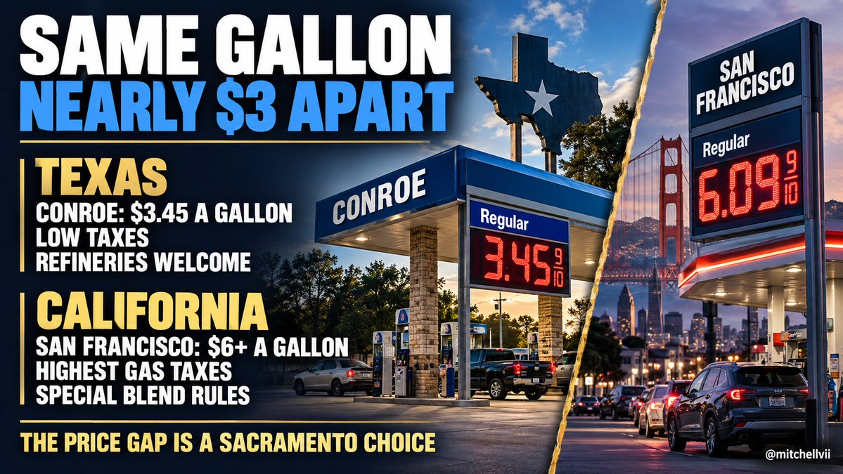 mitchellvii's tweet photo. DEMOCRAT GAS ALMOST DOUBLE COST OF GOP GAS! - Same gallon of gas, same country, and nearly a three-dollar difference.

This morning you can fill up in Conroe, Texas for $3.45 a gallon.

Drive to San Francisco and you're paying north of $6 for the exact same fill!

And that gap has nothing to do with the oil companies. California stacks on the highest gas taxes in the country, a cap-and-trade fuel fee, and special blend rules only its own refineries can make.

Texas does the opposite. Low taxes, welcome the refineries, pump its own crude.

Nearly three bucks a gallon, and every penny of that spread is a choice Sacramento made!