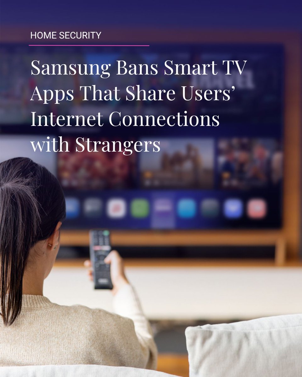 4SaferInternet's tweet photo. Your smart TV isn’t just a screen—it’s another device on your home network.

Samsung has moved to block apps that could share users’ internet connections with strangers, highlighting the risks of residential proxy networks.

Learn more in DCA’s latest report: https://t.co/fIPIoI4wcr