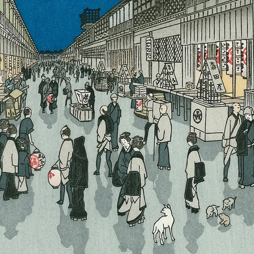 ukiyoe_adachi's tweet photo. 今宵は #仲秋の名月。皆さんのお住まいの地域から満月は見えていますか？ その月は何色に見えるでしょうか？ #広重 は夜空に輝く月を、和紙の肌地の白さを生かして表しました。ヒロシゲブルーの中に、ぽっかりと浮かぶ満月。月明かりに照らされて、芝居帰りの人々が猿若町の通りを歩いていきます。 https://t.co/trcIedeB1m