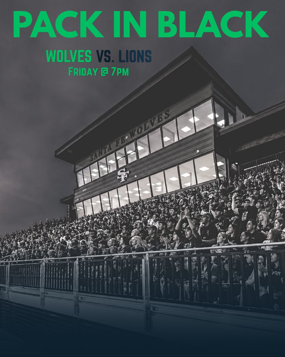 SFwolvesFTBL's tweet photo. PACK IN BLACK. Tonight! Santa Fe Stadium. 7 PM.

The Moore Lions are coming to our house, and we want them walking into a wall of black. Every student, every parent, every alum, every Wolves fan in Edmond: pull up in  black! https://t.co/Q2aM6JBrUe