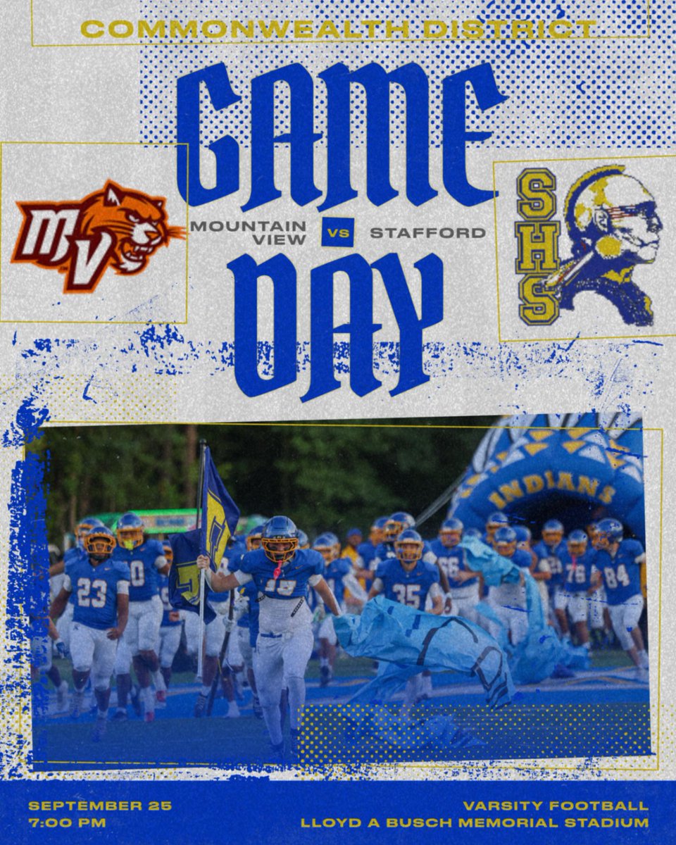 SHSIndianNation's tweet photo. Stafford hosts Mountain View in tonight's Commonwealth District Opener.  Kick-off is slated for 7:00 PM.  Tickets are available on the GoFan App.

#tribe #indiannation @micdupgameday https://t.co/B0J3sGLkmw