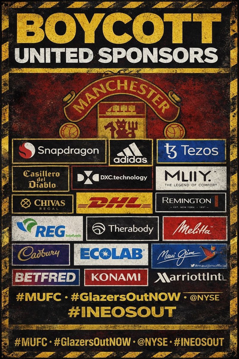 phil8599's tweet photo. BOYCOTT
@Snapdragon
@adidas
@tezos
@CasilleroDiablo 
@DXCTechnology
@MlilyOfficial
@ChivasRegalUS
@DHLManUtd
@RemingtonUK 
@REGbiofuels
@MelittaUSA 
@Therabody
@CadburyUK
@Ecolab
@OfficialMauiJim
@Betfred
@Konami
@MarriottIntl
@ApolloTyres
#MUFC #GlazersOutNOW 
@NYSE 
#ineosout https://t.co/GTTaKf9FXt