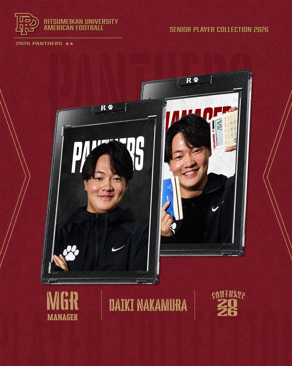 r_panthers's tweet photo. 【2026 Seniors】
MGR Daiki Nakamura

これまでパンサーズに注いできた4年間の思いを込めたコメントとともにご紹介します！
ぜひ、選手たちの言葉をご覧ください🐾

#ritsumeikan #Panthers #americanfootball #TOPGUN https://t.co/V5NLKLno8e