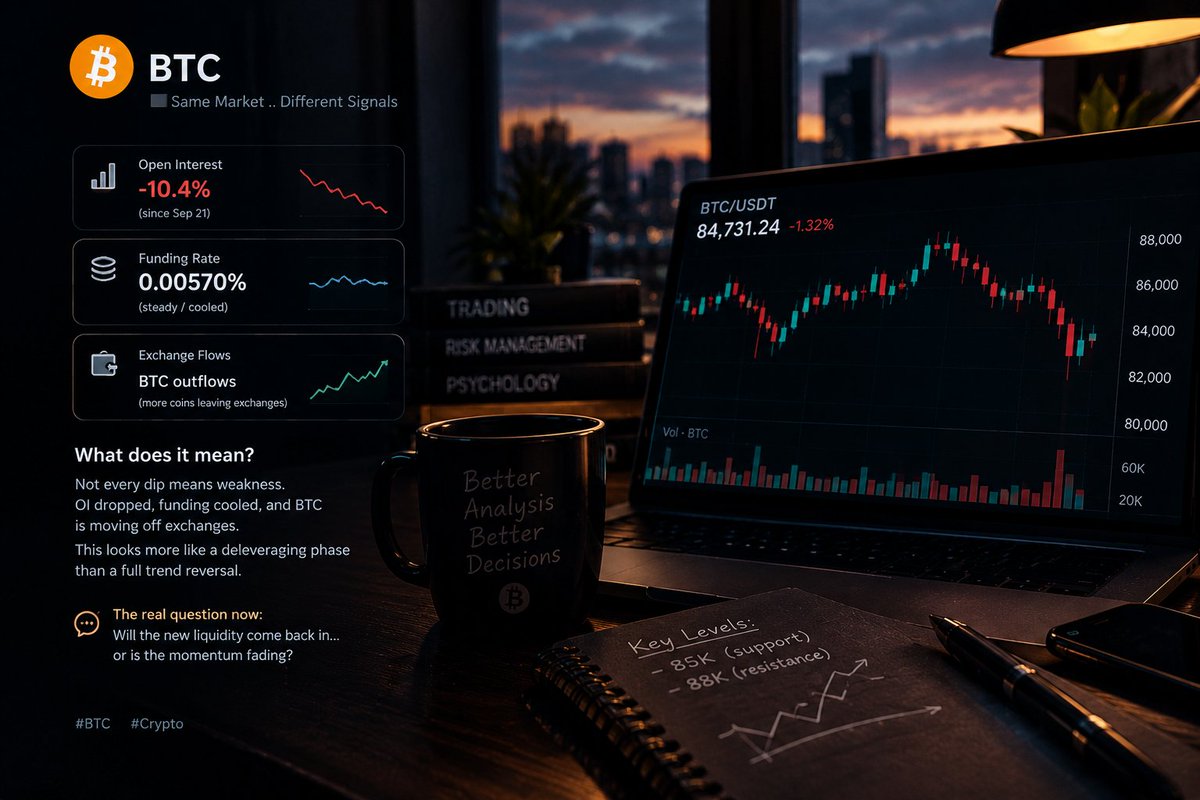 VeltrixMarkets's tweet photo. 👀 مش كل نزول في BTC معناه إن السوق بدأ يضعف.

الـOpen Interest نزل 10.4%، والـFunding هدي، وفي نفس الوقت جزء من الـBTC خرج من المنصات.

بالنسبة لي ده أهم من حركة السعر نفسها:
السوق بيعمل Deleveraging، والسؤال دلوقتي هل السيولة الجديدة هترجع تدخل ولا لأ؟

$BTC #Crypto https://t.co/mvqk140Pfn