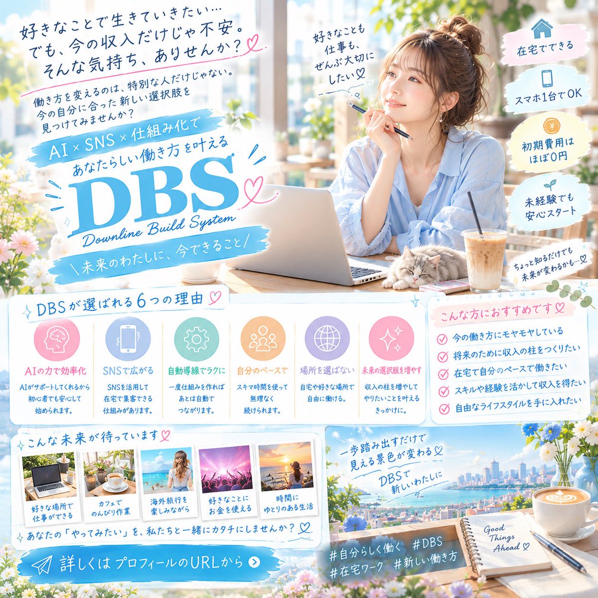 dbs_future's tweet photo. 好きなことも、仕事も、
どちらも大切にしたい🌿

「今の働き方、このままでいいのかな？」

そう感じたときこそ、
新しい選択肢を知るタイミングかも✨

AI×SNS×仕組み化のDBSも、そのひとつ😊

👇詳しくはプロフィールのURLへ

#自分らしく働く #在宅ワーク #新しい働き方 #DBS https://t.co/sjex3SaMBf