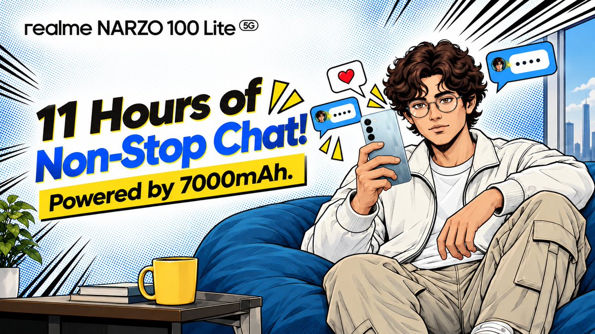 realmenarzoIN's tweet photo. More messages, fewer charging breaks. Stay in the conversation for up to 11 hours with the 7000mAh battery on the #realmeNARZO100Lite 5G

Buy Now:
https://t.co/ykJmYvoTax
https://t.co/2eJsU9nbYa https://t.co/qjwbvo9dXr