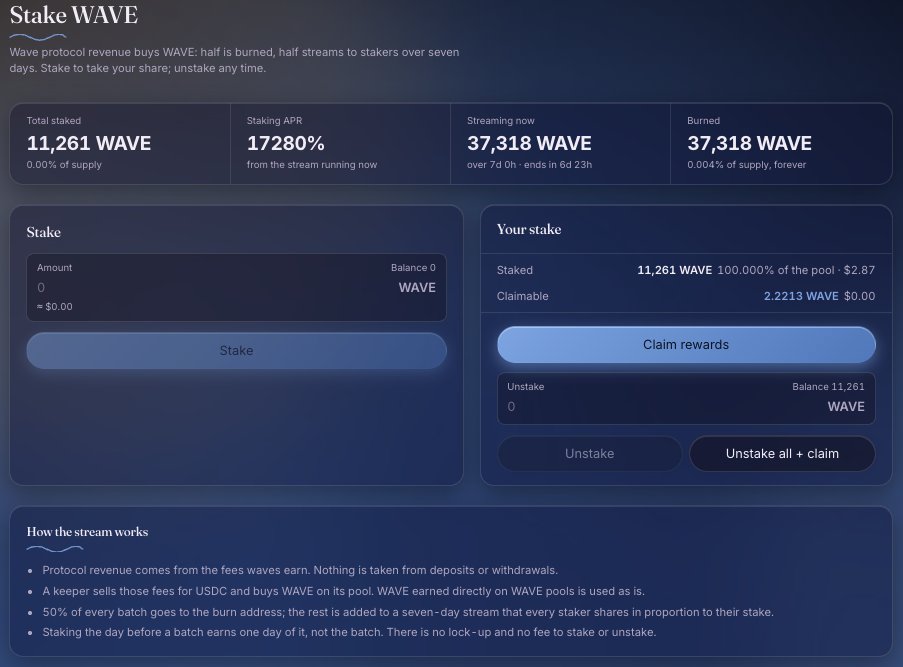 WaveonArc's tweet photo. The Wave vault is LIVE! 🌊

100% of protocol revenue goes toward buying WAVE:

🌊 50% goes to the staking vault for stakers.
🔥 50% is burned forever.

Stake $WAVE to share in protocol revenue.

Start staking:

https://t.co/VkfBxYQOHM 🌊🌊🌊

Happy Waving!

@Arguspad @arc https://t.co/IKjyotgqAr