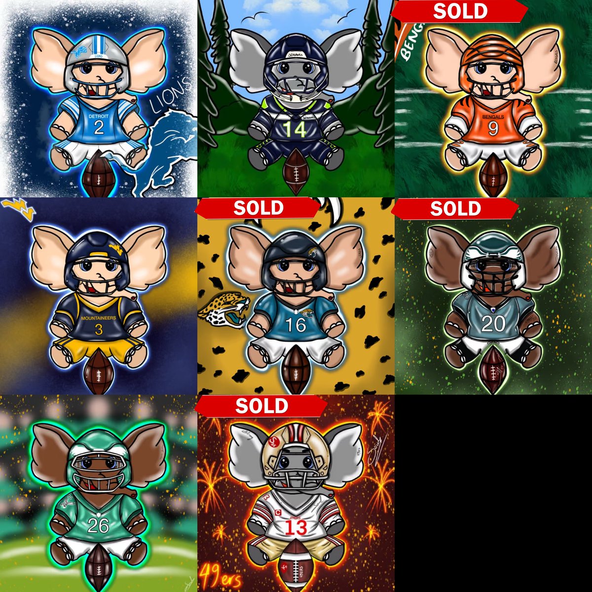 Soulmate889's tweet photo. Gm and happy Fridayyy !!!❤️

As u guys all know i’ve been adding more American football teams in to my project !! 

Here are all the teams that i worked on 🔥

FEW LEFT .Which one are u picking up ? 😱 

https://t.co/K6NvzLhAR8

#StylishBabyElephants https://t.co/snTiiv7yNp