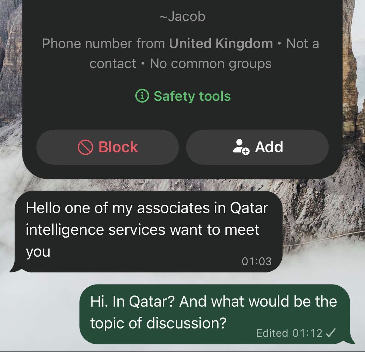 Lordmiles's tweet photo. Some indian is pretending to be Qatari intelligence trying to recruit me 😭🥀 https://t.co/74NItGe17M