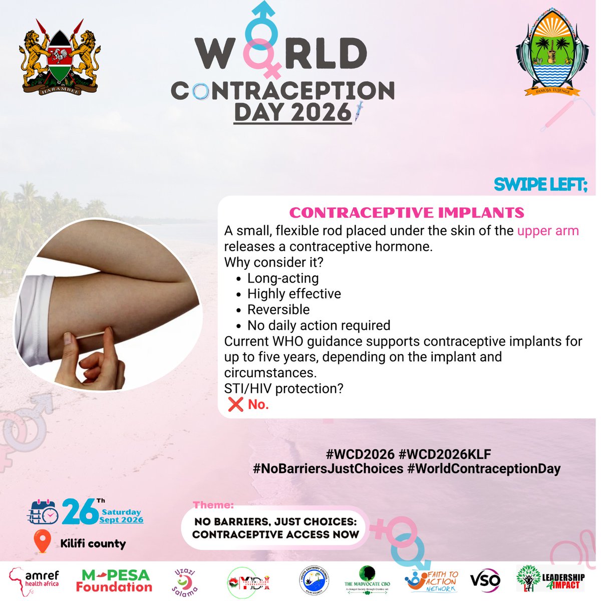MghendiP's tweet photo. Get it. Forget the daily reminder. Keep moving. The implant is a long-acting contraceptive option for preventing pregnancy.
@DOHKilifi @Amref_Kenya @MPESA_FDN @Youth_Dare @kilifi_youth @MadvocateCbo
#WCD2026 #WCD2026KLF #NoBarriersJustChoices #ContraceptiveAccessNow https://t.co/CIXRRLZ6we