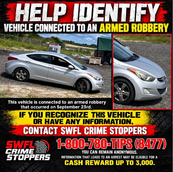Do you recognize this vehicle? Call @SWFLCrime8477 or #teamLCSO and send in your tips anonymously. 🚨🌟