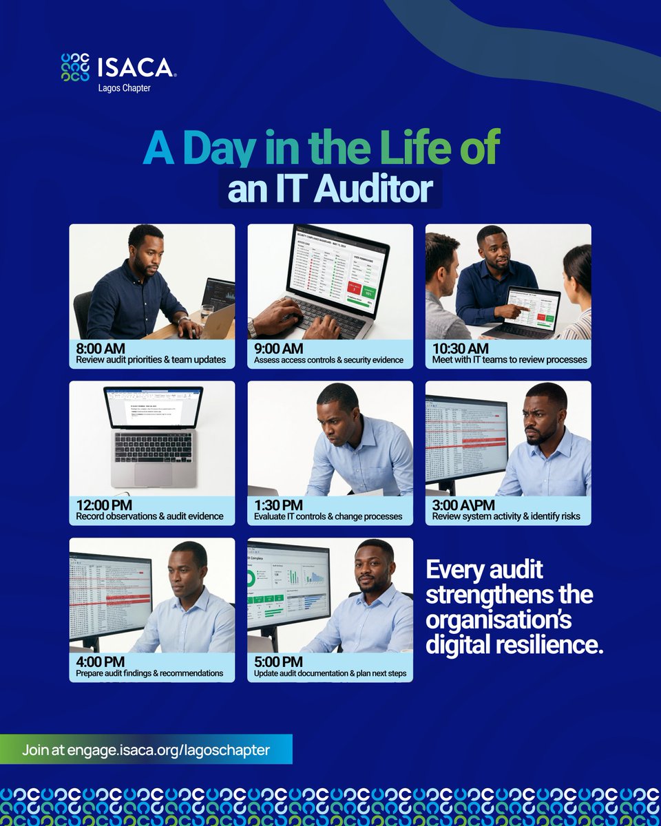 ISACALAGOS149's tweet photo. Securing systems, Managing Risk, Building trust.
An IT Auditor does more than just checking systems, they identify risks before they become problems and create a stronger and more reliable digital environments.
Secure your systems today.
#isaca #itaudit #isacalagoschapter https://t.co/rIF1tpe4hC
