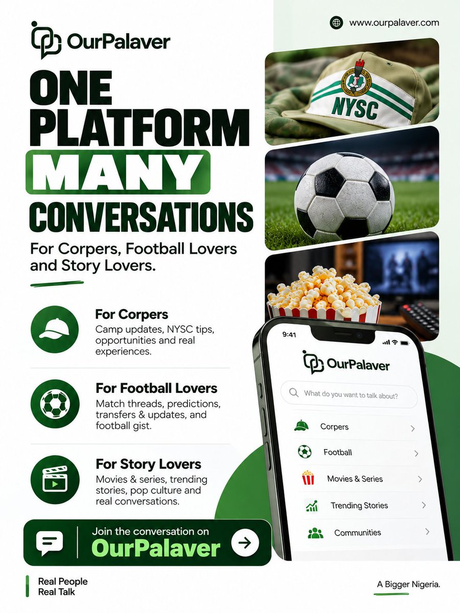 ourPalaver's tweet photo. ONE PLATFORM. MANY CONVERSATIONS. 

For Corpers. Football Lovers. Story Lovers.

🎖️ For Corpers
Camp updates • NYSC tips • Opportunities • Real experiences

⚽ For Football Lovers
Match threads • Predictions • Transfer updates • Football gist

🎬 For Story Lovers
Movies & series • Trending stories • Pop culture • Real conversations

Why OurPalaver?
A space to share your opinions, join meaningful conversations, discover what’s trending, and connect with people who share your interests.

Real People. Real Talk.

👉🏾 Join the conversation on OurPalaver
🌐 https://t.co/hQoZQ7IoTA