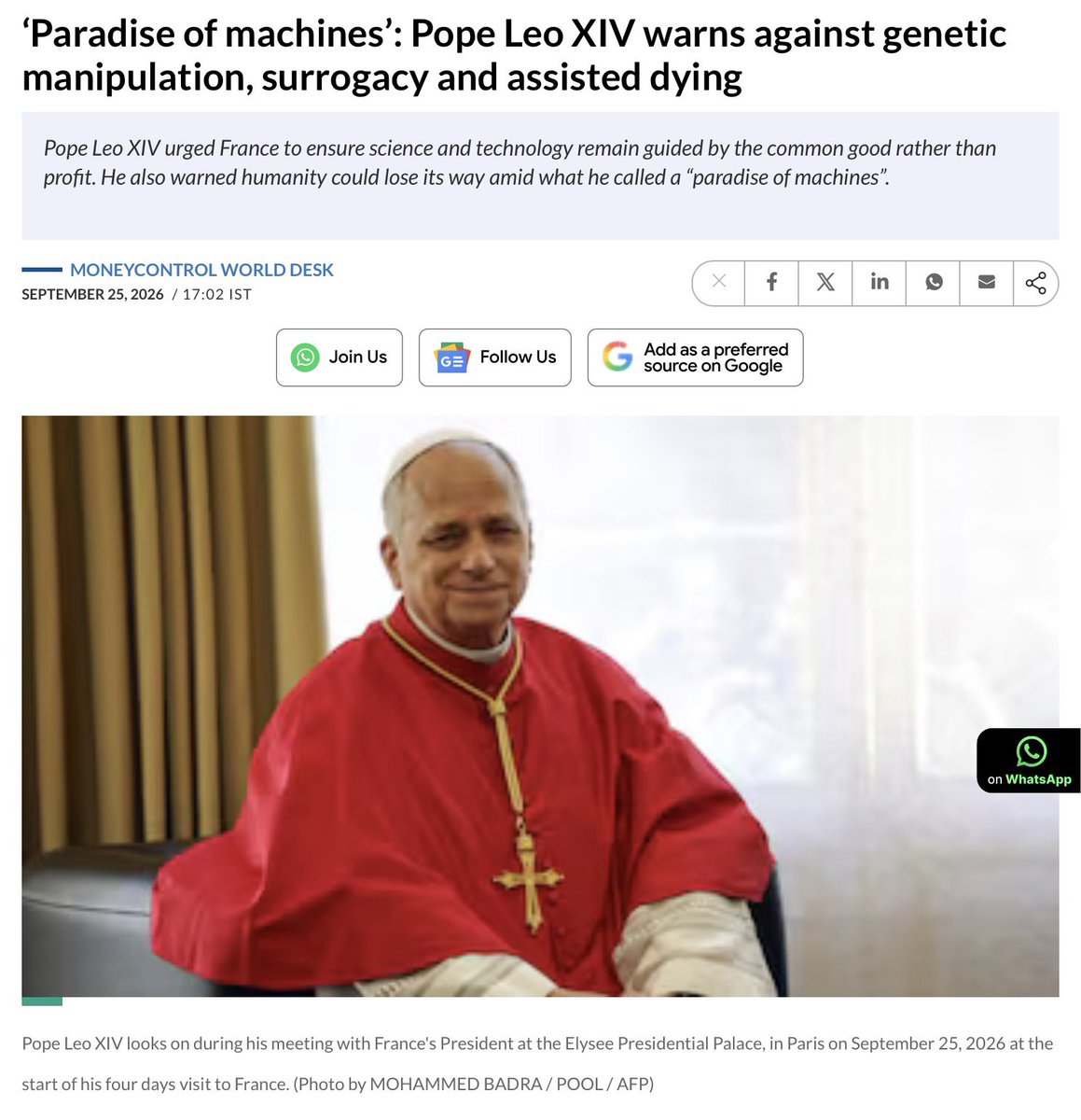 PeacefulPill's tweet photo. looks now like Leo XIV isn’t going to use the Sarco death machine…’Paradise of machines’: Pope Leo XIV warns against genetic manipulation, surrogacy and assisted dying https://t.co/mikv3dzRsq https://t.co/TYNADGfyxh