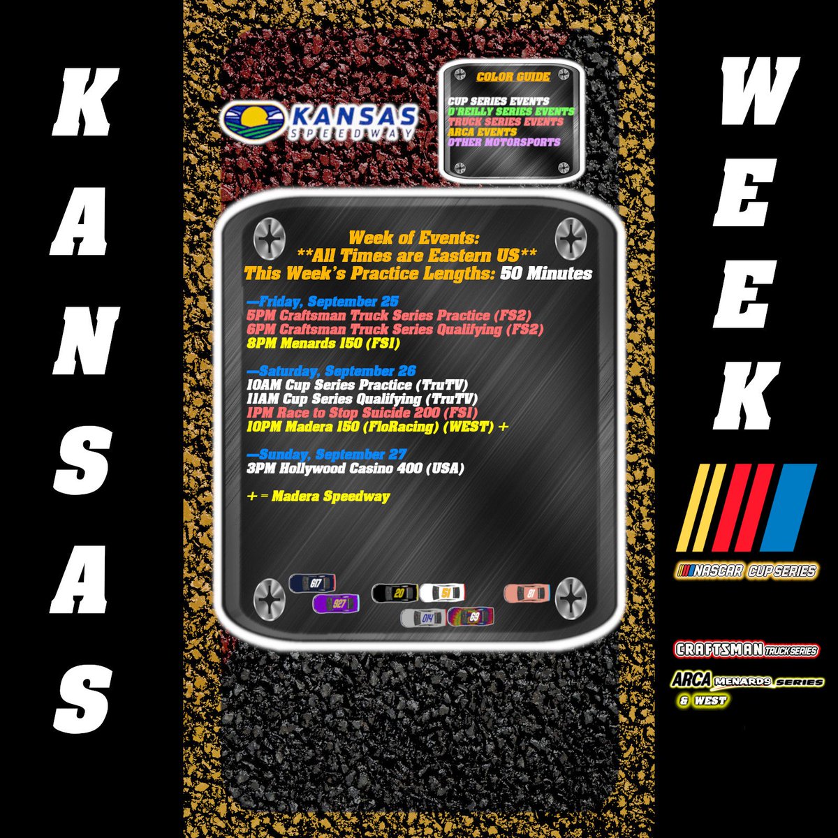 pacecarboys's tweet photo. IT'S KANSAS WEEK!
The Chase for the Championship heads to Kansas for the #nascar Craftsman Truck Series &amp; Cup Series! Also Bollman and Annuziata battle it out in the ARCA finale for the Title! Check this weekend's Schedule, Facts and our Pacecar Picks! https://t.co/pMpD4zPDh9